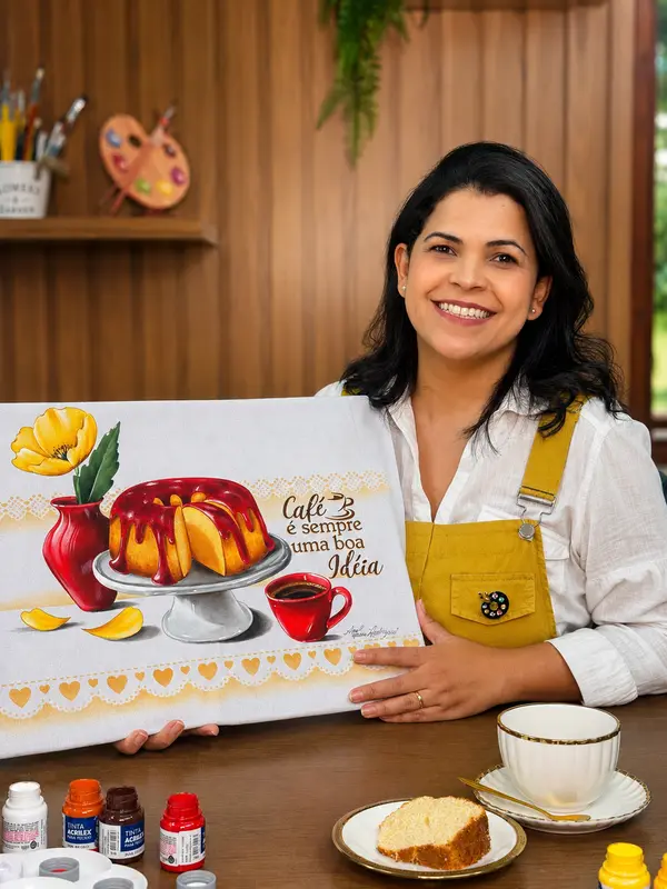 Ana Laura sorrindo, segurando um pano de prato pintado à mão
